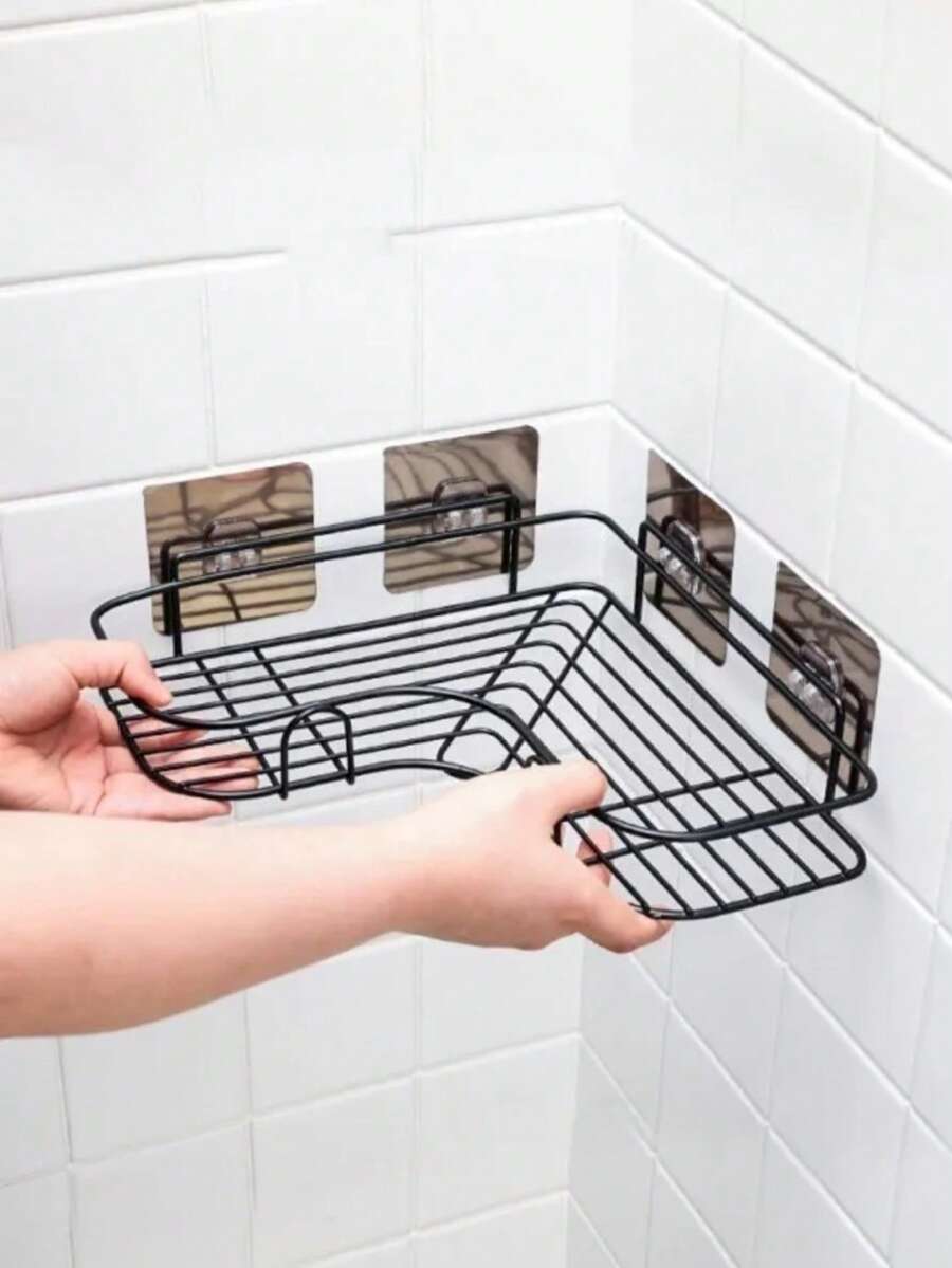 2 piezas Estante de baño triangular negro, estantería de almacenamiento de esquina montada en la pared, accesorios de baño, almacenamiento de baño, estante colgante autoadhesivo de uso múltiple para baño, cocina, cosméticos