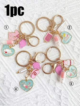 护士和医生主题吊坠，带口罩、护士帽、胶囊卡通图案元素的钥匙扣，女士带扣装饰吊坠，钥匙扣，是国际护士节的完美礼物，经典节日礼物，情侣吊坠，适用于包包、钥匙、耳机、手机壳，护士主题，感谢护士的感谢礼物