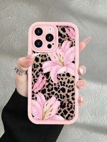 1pc Leopard Print Lily Flower & Butterfly Pattern 2D Printed, Waterproof Durable Dustproof Fashionable Minimalist Design With Camera Protection, Soft Matte Pink Full Coverage Phone Case Compatible With IPhone 16/15/14/13/12/11/7/8/XR/XS/Plus/Pro/Pro Max, Suitable As Gift For Friends, Family, Girlfriend, Boyfriend, Holiday - Pink - View 1