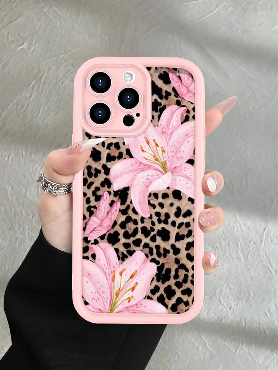 1pc Leopard Print Lily Flower & Butterfly Pattern 2D Printed, Waterproof Durable Dustproof Fashionable Minimalist Design With Camera Protection, Soft Matte Pink Full Coverage Phone Case Compatible With IPhone 16/15/14/13/12/11/7/8/XR/XS/Plus/Pro/Pro Max, Suitable As Gift For Friends, Family, Girlfriend, Boyfriend, Holiday - Pink - View 1