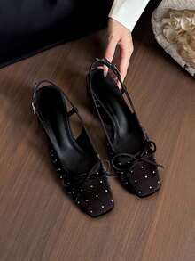 Giày sandal cao gót nữ, kiểu dáng thanh lịch, mũi vuông, gót trung bình, đính đá lấp lánh và nơ trang trí, thiết kế rỗng, gót dày, thích hợp cho tiệc tùng, đám cưới, hẹn hò, cỡ lớn, mùa hè/xuân. - màu đen - Xem 4