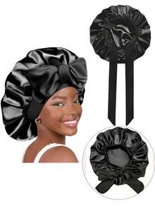 1件装丝缎系带睡帽，黑色，头巾，适合自然发型女性，可作睡帽或睡眠帽使用。 - 多色 - 查看 13