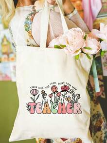 1件/2件/4件套，大容量教师主题帆布手提袋和便携式拉链铅笔盒收纳袋套装，附赠感谢卡和苹果钥匙扣帆布组合套装，返校季、毕业季、教师节必备礼物，多功能购物袋、书包、文具袋套装 - 米色 - 查看 10