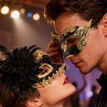 高级情侣化妆舞会浪漫金色面具套装，威尼斯派对面具，男女通用塑料万圣节嘉年华面具，ABS塑料材质情人节服装 - 金色 - 查看 10
