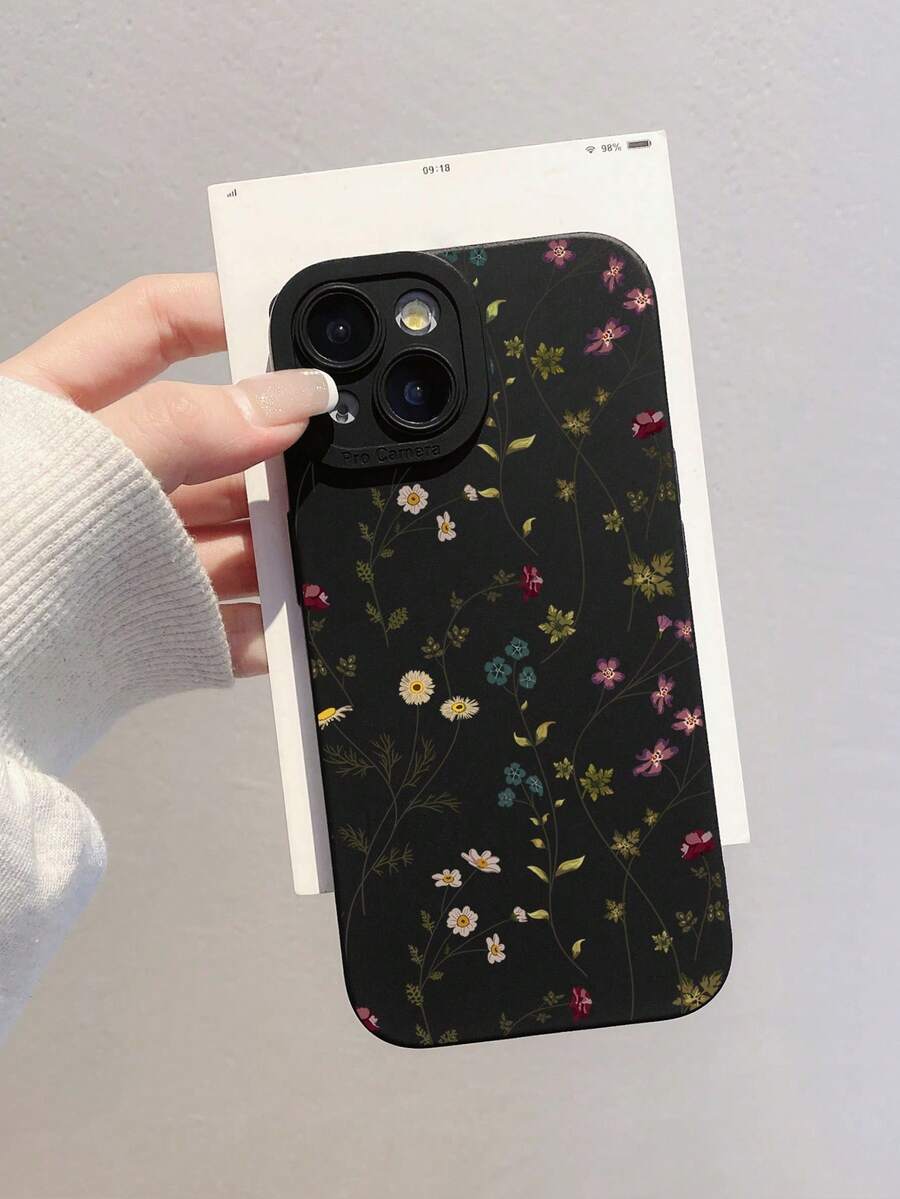 Ditsy Floral Phone Case, Small Flower Print Phone Case, Lens Protection Black Print Phone Case, Compatible With IPhone Case & Galaxy Case - 黑色 - 查看 1