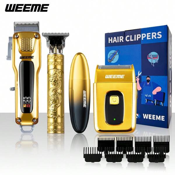  WEEME Ensemble de rasoir électrique 4-en-1 pour hommes - Rasoir électrique rechargeable sans fil avec tondeuse, affichage numérique, taille de précision pour les cheveux et la barbe, cadeau parfait pour l'anniversaire, les fêtes, la fête des pères pour papa ou le petit ami