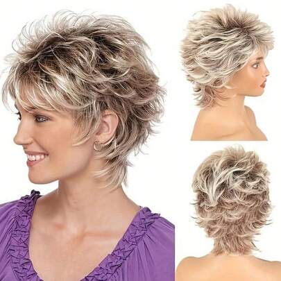Unisex-Adult Elegant Short Blonde Pixie Cut Wig With Bangs, Brown Ombre Synthetic Wavy Curly Hair, High Temperature Fiber, Rose Net Cap, Loose Wave Style
