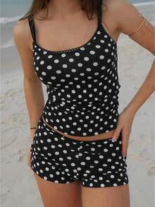 Women Pajamas Set 2 Pieces Loungewear Suits Dot Print/Stripe Sleeveless Cami Tops And Shorts Sleepwear Outfits - 黑色 - 查看 1