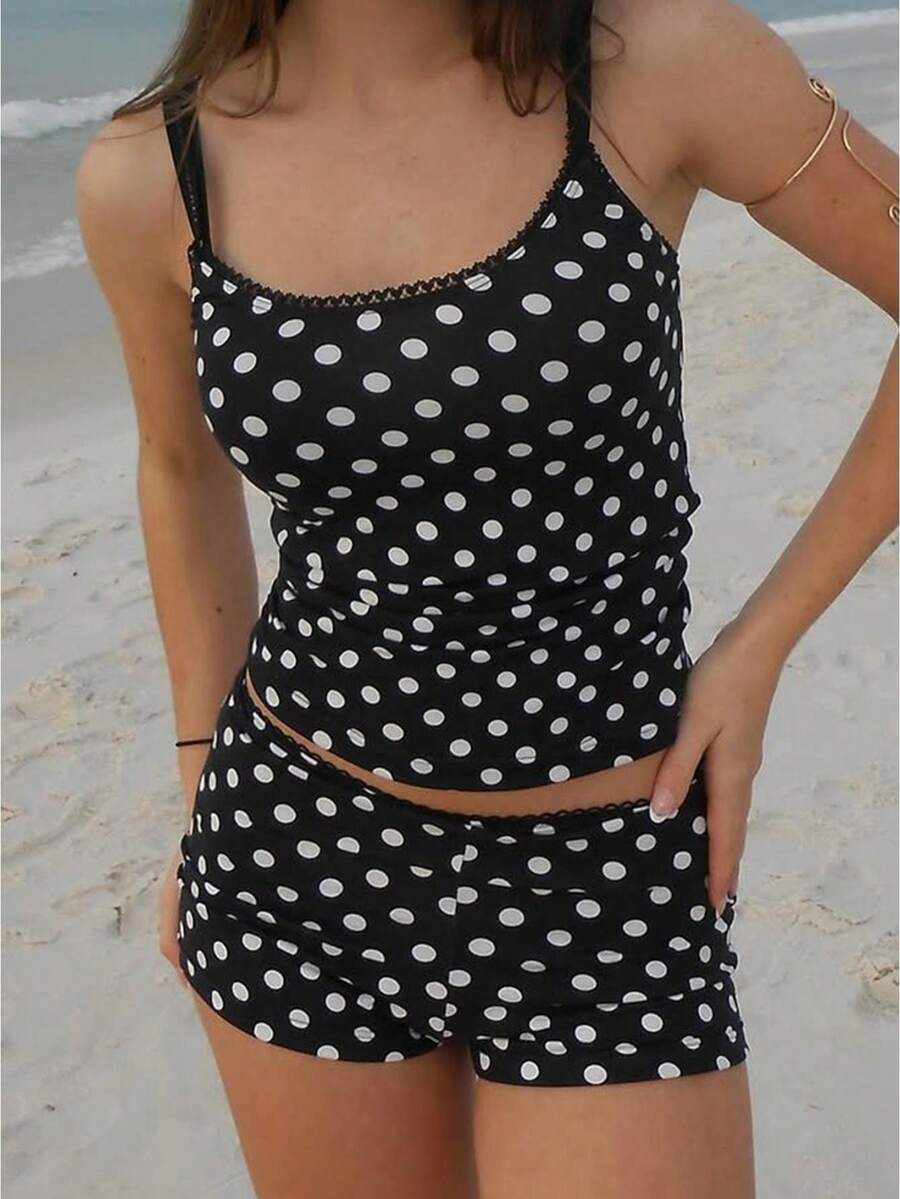 Women Pajamas Set 2 Pieces Loungewear Suits Dot Print/Stripe Sleeveless Cami Tops And Shorts Sleepwear Outfits - 黑色 - 查看 1