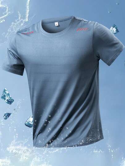 1件男士时尚印花圆领短袖T恤，透气针织运动上衣，适合夏季健身房锻炼、跑步，吸湿排汗