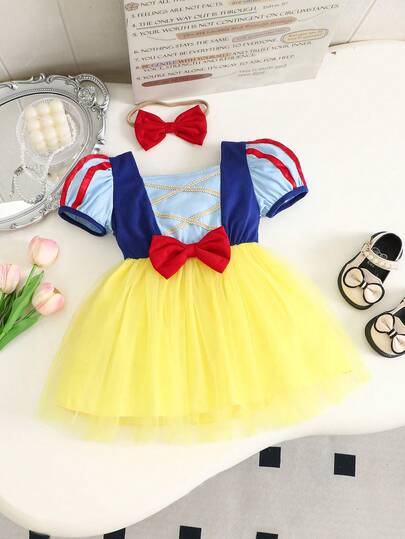 2pcs/Set Baby Girls' Colorblock Mesh Dress With Headband, Sweet & Cute, Suitable For Outings, Parties, Spring/Summer