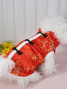 宠物外套，中国新年红色节日外套，猫狗通用纽扣背心，保暖户外服 - 紅色 - 查看 9