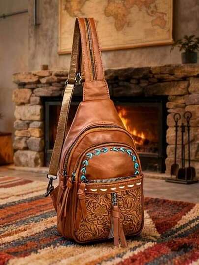 This Bohemian Retro-Style PU Leather Chest Bag Has An Adjustable Shoulder Strap, Which Can Be Used As A Backpack Or A Shoulder Bag. The Bag Body Is Made Of Embossed Leather And Has Multiple Pockets For Storing Items Like Mobile Phones And Cosmetics. It Is Very Suitable For Travel, Outdoor Activities, And Short-Distance Trips.