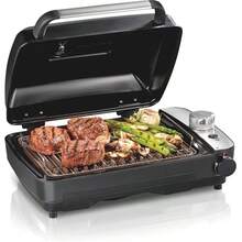 Parrilla eléctrica Hamilton Beach para interiores con infusor de humo frío y caliente, control de temperatura de 150 °F a 450 °F para sellar, campana ventilada y ventilador, superficie de cocción antiadherente de 116 pulgadas cuadradas, color negro (25375) - Tipo de Enchufe A USA (110-127V) - Ver 1