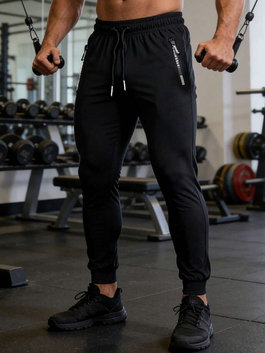 男士运动冰裤夏季薄款直筒束脚休闲裤 - 黑色 - 查看 1