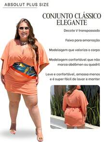 Plus Size Blouse And Skirt Set, Women's Set With Elastic Waistband, V-Neck, Wrap Style, Sizes G1 To G5 - 鮭魚 - 查看 3