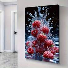 Vibrant Raspberries With Splashing Water Canvas Art - 2D Flat Painting, Solid Wood Frame, Modern Wall Decor For Living Room, Kitchen, Or Dining Area, Kitchen Artwork | Dynamic Composition | Highquality Print, Raspberries Kitchen Decor - 西瓜粉 - 查看 4