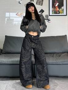 1件装女士复古美式街头风刺绣阔腿牛仔裤，宽松舒适的高街休闲裤，四季皆宜（不含腰带/配饰）黑色春季款 - 黑色 - 查看 9