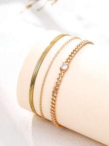 Nooxian 3pcs/Set Fashion Minimalist Casual Vacation Style Gold Textured Flat Cross Chain & Stainless Steel Blade Chain With Sparkling Cubic Zirconia Layered Anklet Jewelry Gift For Women (No Gift Box) - Yellow Gold - View 4
