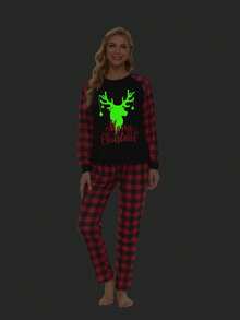 1pc Gingham & Slogan Graphic Tee & Allover Print Trousers PJ Set - Multicolor - View 3