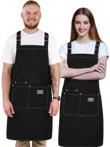 Estilo2 Piezas Delantales Para Mujeres Hombres Lona Impermeable Barbacoa Chef Cocina Delantal De Cocina Ajustable Con 3 Bolsillos Hornear Pintura Arte Estilista RestauranteVersióN Mejorada - Café negro - Ver 1