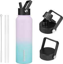BJPKPK - Botellas de agua aisladas con tapa de popote, botellas de agua de acero inoxidable de 40 onzas con 3 tapas, termo a prueba de fugas, vasos para deportes, gimnasio, verde lavanda - océano - Ver 2