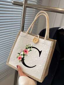 1个花卉字母A-Z印花手提袋，多功能便携教师手提袋，女士礼物，毕业礼物，字母图案礼品袋，大容量女士字母印花手提袋，可重复使用购物袋，适合日常使用、度假、通勤、旅行 - 彩色 - 查看 5