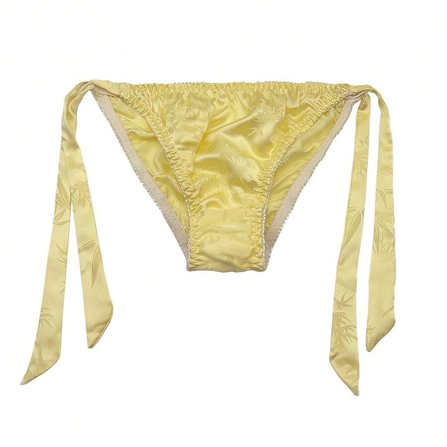 Women Silk Panties Lightweight Briefs Smooth Breathable Satin Bikini,Sexyys Tie-Side Underwear Daily Fit Comfort,Yellow - 黃色 - 查看 1