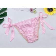 Women Silk Panties Lightweight Briefs Smooth Breathable Satin Bikini,Sexyys Tie-Side Underwear Daily Fit Comfort,Pinkprint - 粉紅藍圖 - 查看 4