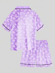 2pcs Tween Girl Purple Butterfly Short Sleeve Shorts Pajama Set - Multicolor - View 6