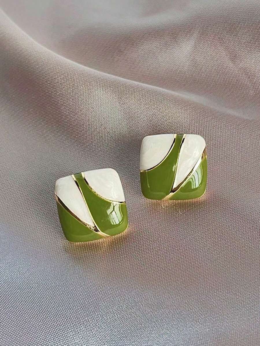 1 Pair Minimalist Green Geometric Stud Earrings, Simple & Versatile Square Earrings, Elegant Office/Commute Accessory - Gold - View 1