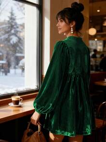 Women's Velvet Lace Dress A Line Pleated Swing Babydoll Mini Dress With Scallop Neck Flared Hem For Wedding Guest And Bridal Shower - 綠色 - 查看 4