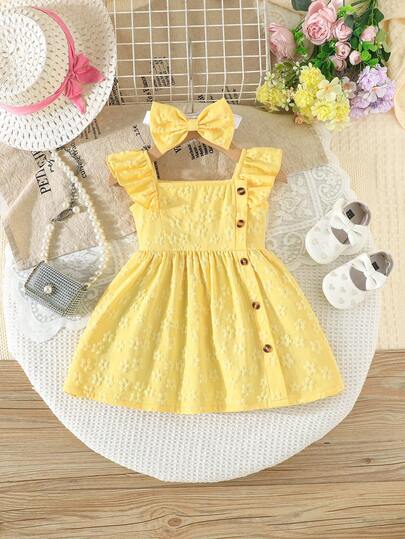 Baby Girl Cute Sweet 3D Floral Fabric Cap Sleeve Princess Dress, Yellow Rose Color Summer Vacation Dress, Decorative Buttons