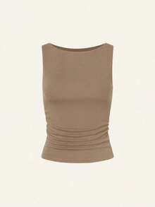 Imily Bela Womens Summer Sleeveless Ruched Tank Tops – Slim Fit Boat Neck Basic Y2K Tops - Màu Khaki - Xem 5