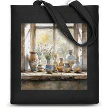 1pc 35*40cm(14*16 Inch) Vintage Ceramic Wildflower Shopping Bag, Temperature-Resistant Canvas Bag, 100% Polyester Fabrics Print For Hot/Cold Climate Errands - Multicolor - View 3