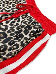 HUTENER 2 pièces Ensemble casual - Top à col rond manches longues + Pantalon en patchwork imprimé léopard - Tenue pour femmes en automne - Rouge - Voir 3