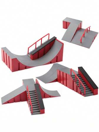 Conjunto de rampa de skatepark de 4 en 1 - Rampa de escalera con textura de ladrillo falso y pasamanos, que incluye rampa de media caña/fingerboard/accesorios de rueda, kit de entrenamiento de freestyle interactivo, monopatín de patrón aleatorio, equipo ideal para aficionados y entusiastas del fingerboard