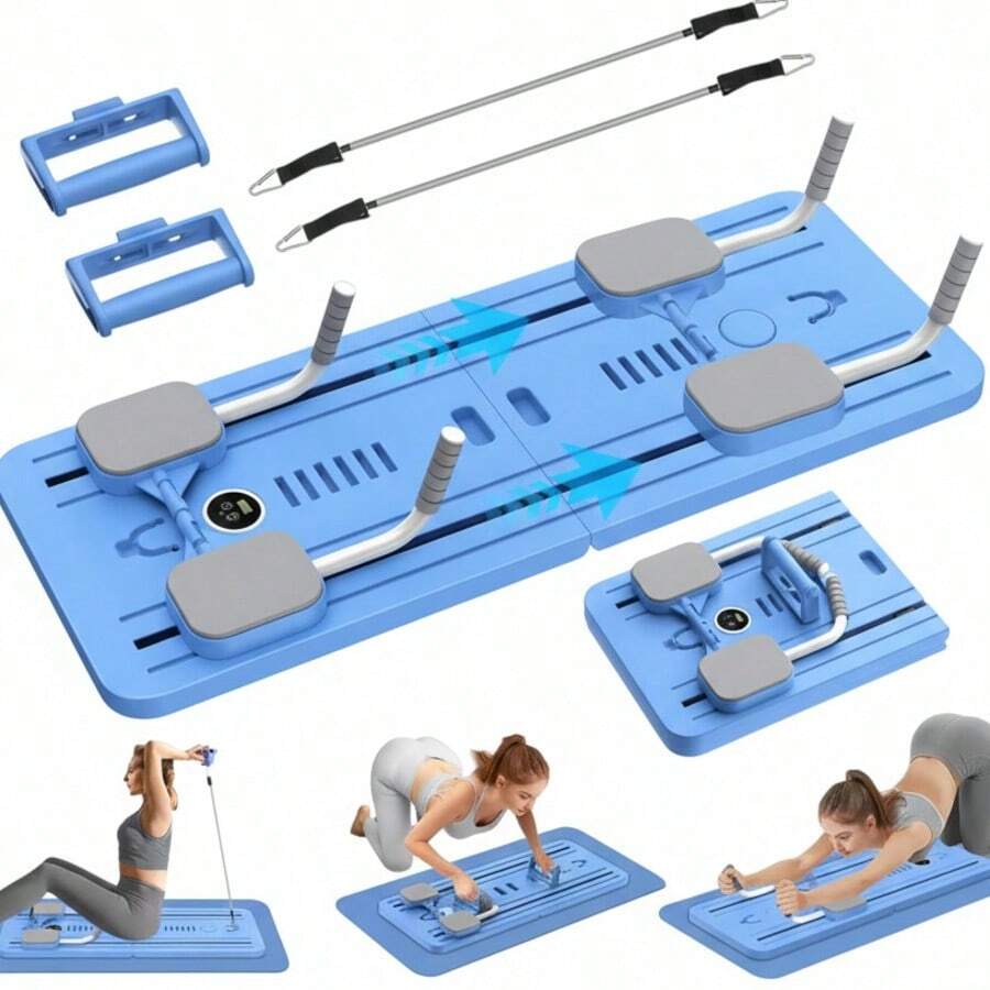Cama para ejercicio tipo pilates,Tabla de Ejercicio Multifuncional Plegable para Entrenamiento en Casa con Bandas de Resistencia y Agarraderas Ajustables - Azul - Ver 1