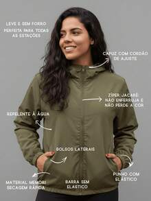 Women's Windbreaker Jacket Without Lining In Memory Fabric With Water-Repellent Hood - 軍綠色 - 查看 3