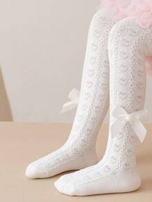 2 chiếc quần tất jacquard họa tiết nơ trái tim mới cho bé gái mùa xuân/thu, trang trí nơ, dễ thương và nữ tính, phù hợp để phối đồ hàng ngày. - Đen và trắng - Xem 7