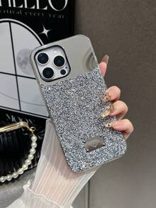1 Peça Capa de Celular à Prova de Choque com Decoração de Strass Prata e Espelho de Maquiagem Compatível com iPhone 15 Pro Max - Prata - Visão 4