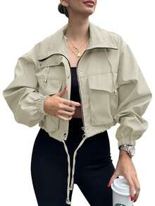 Womens Cropped Zip Up Jacket Lightweight Oversized Utility Anorak Long Sleeve Solid Color Coat With Pockets - Beige - View 4