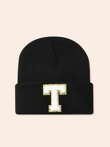 1pc Unisex Personalized Embroidered A-Z Letter Elastic Knit Beanie Hat, Fashionable Streetwear Knit Cap, Suitable For Autumn/Winter Daily Wear - Black - View 28