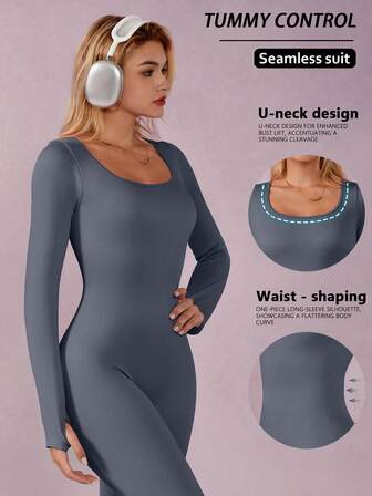 1 pezzo Tuta sportiva da donna senza cuciture con costine, maniche lunghe con foro per il pollice e pantaloni