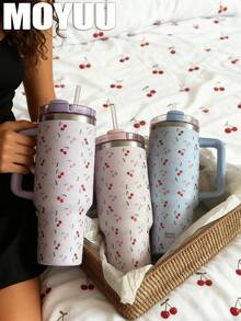 1pc Cute Cherry, 1200ml (40oz) Large Capacity Handled Tumbler, Insulated Mug, Travel Mug, Stainless Steel Vacuum Insulated Cup, Suitable For Travel, School, Office, Outdoor, Gym, Home, Valentine's Day, Holiday, Birthday Gift (With Straw) - Multicolor - View 2