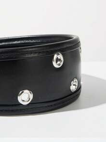 1pc Solid Color Faux Leather Fabric Wide Headband, Fashionable Hip-Hop Style Metal Accent Decor Hair Accessory For Daily Wear,Travel,Birthday - Black - View 2
