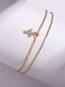 Nooxian 2pcs/Set Cross Element Anklets, Classic Double-Layer Cross Anklet Set For Daily, Beach, Vacation - Yellow Gold - View 5