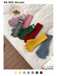 1 Pair Cute Candy Color Knit Gloves, Touch Screen Fingerless, Warm Winter Cycling Couple Knitted Gloves For Women, Thickened And Thermal Lined, New - Multicolor - View 14