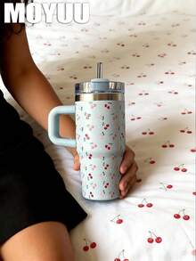 1pc Cute Cherry, 1200ml (40oz) Large Capacity Handled Tumbler, Insulated Mug, Travel Mug, Stainless Steel Vacuum Insulated Cup, Suitable For Travel, School, Office, Outdoor, Gym, Home, Valentine's Day, Holiday, Birthday Gift (With Straw) - Multicolor - View 8
