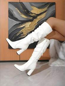 女士白色尖头粗跟过膝长靴，淑女范儿十足，休闲舒适，修长版型，约会/外出百搭 - 白色 - 查看 3